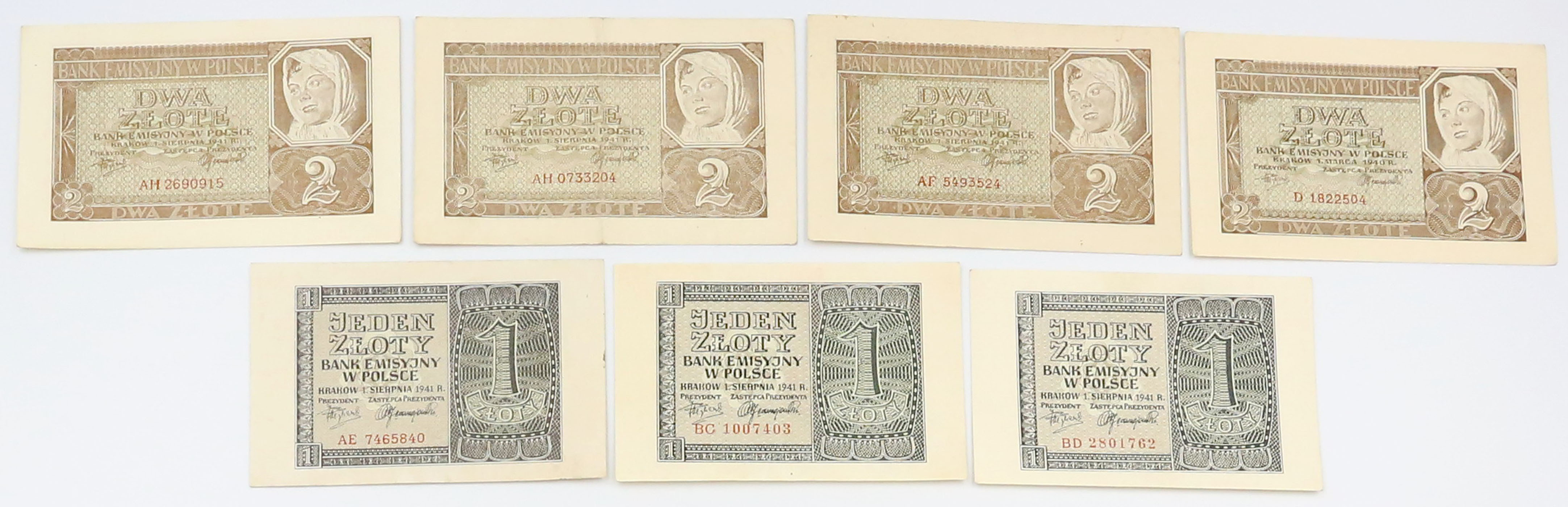 1 złoty 1941, 2 złote 1940-1941, zestaw 7 banknotów